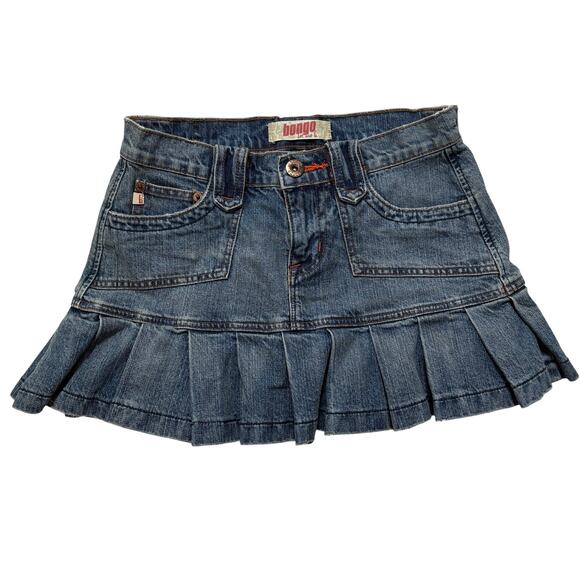 VTG Y2K 00's Bongo Blue Denim Pleated Low Rise Mini Skirt SZ 3 - Picture 1 of 4